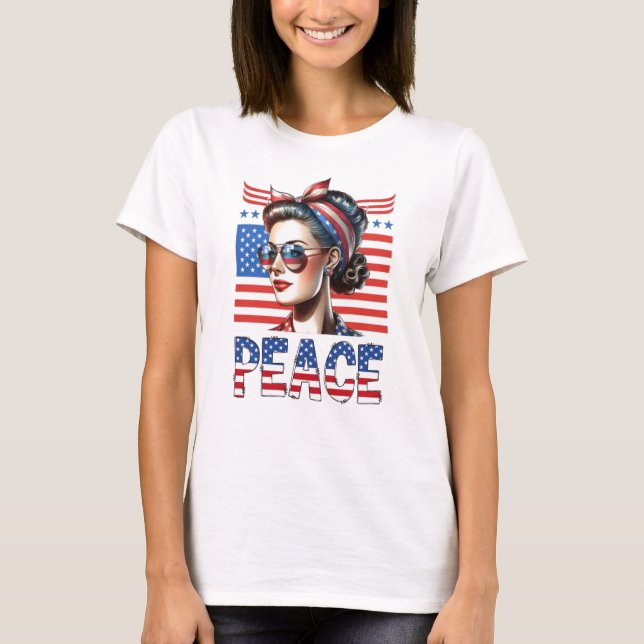 Patriotic Peace Retro Pin-Up Woman 4th of july T-Shirt (Front)