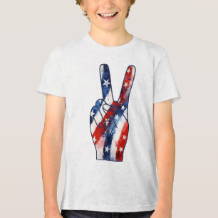 Patriotic Peace Sign Hand Wavy US Flag Pattern Tri-Blend Shirt
