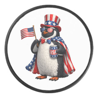 Patriotic Penguin American Flag Outfit 4th of July Hockey Puck