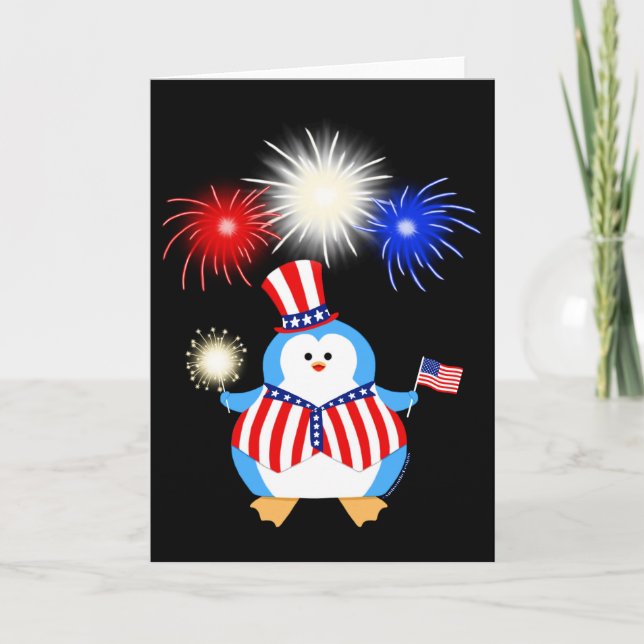 Patriotic Penguin With Fireworks Card (Front)