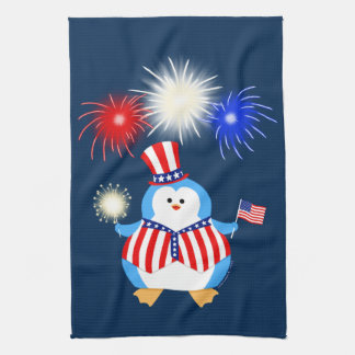 Patriotic Penguin With Fireworks Tea Towel
