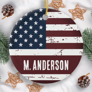 Patriotic Personalised USA American Flag Ceramic Tree Decoration