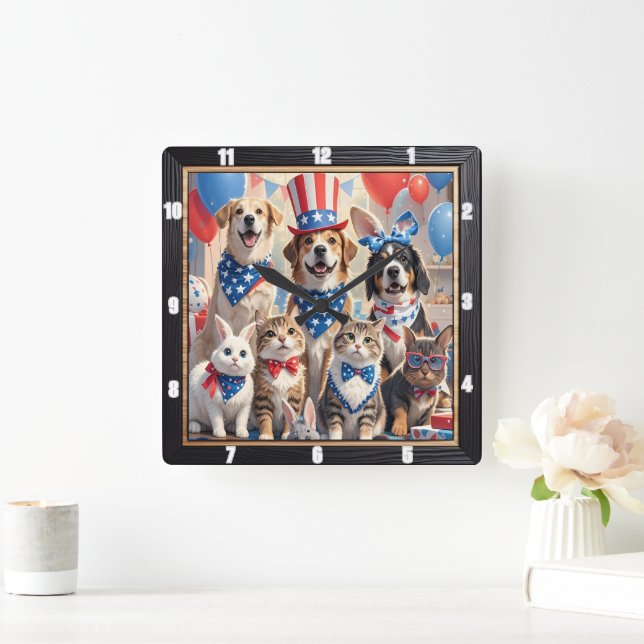  Patriotic Pets American Flag Square Wall Clock (Home)