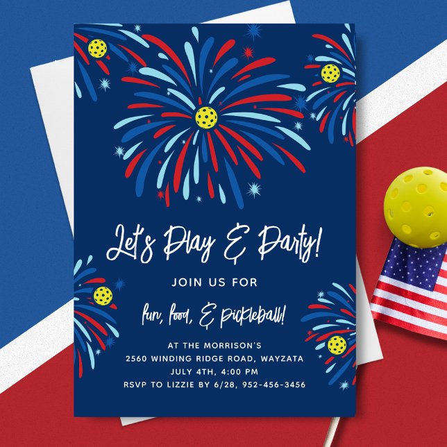 Patriotic Pickleball & Fireworks 4th of July Party Invitation (Creator Uploaded)