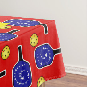 Patriotic Pickleball Red White Blue American Flag  Tablecloth
