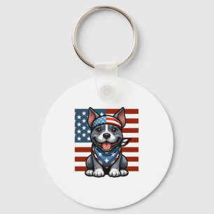 Patriotic Pitbull American Flag 4th of July BBQ Key Ring