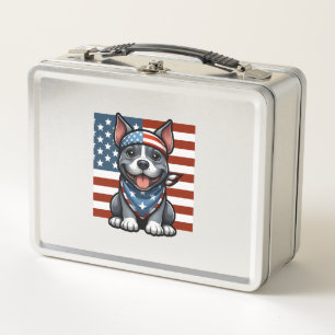 Patriotic Pitbull American Flag 4th of July BBQ Metal Lunch Box