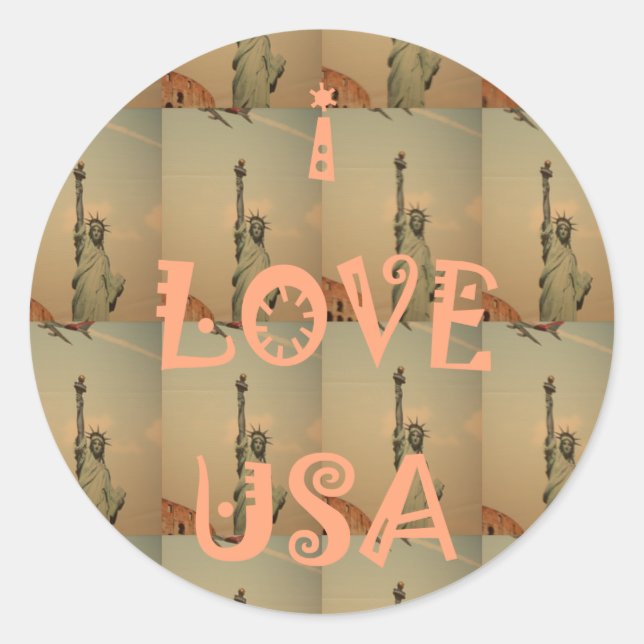 Patriotic Pop Art: "I Love USA" Graphic Art Design Classic Round Sticker (Front)