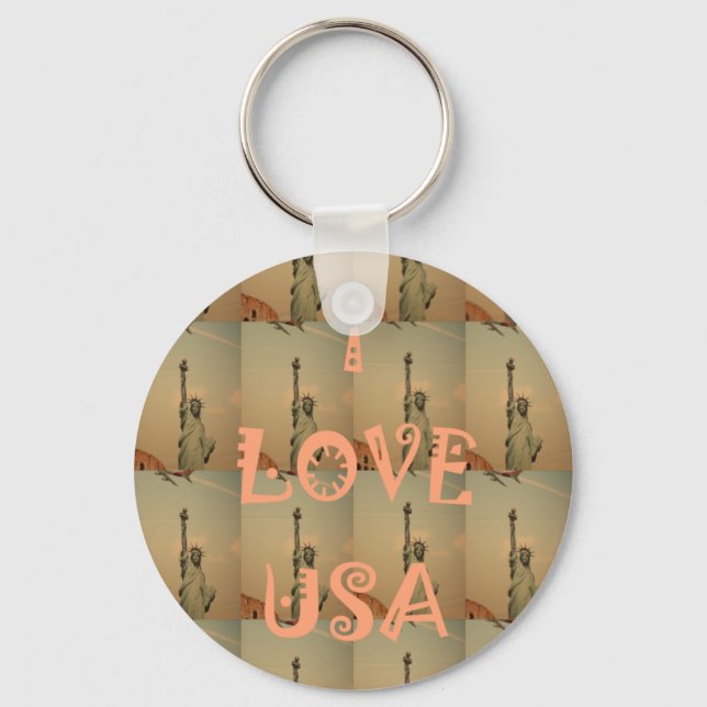 Patriotic Pop Art: "I Love USA" Graphic Art Design Key Ring (Front)
