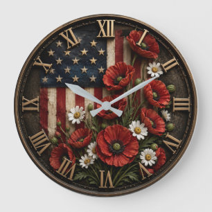 Patriotic Poppy Flowers American USA Flag Floral Large Clock