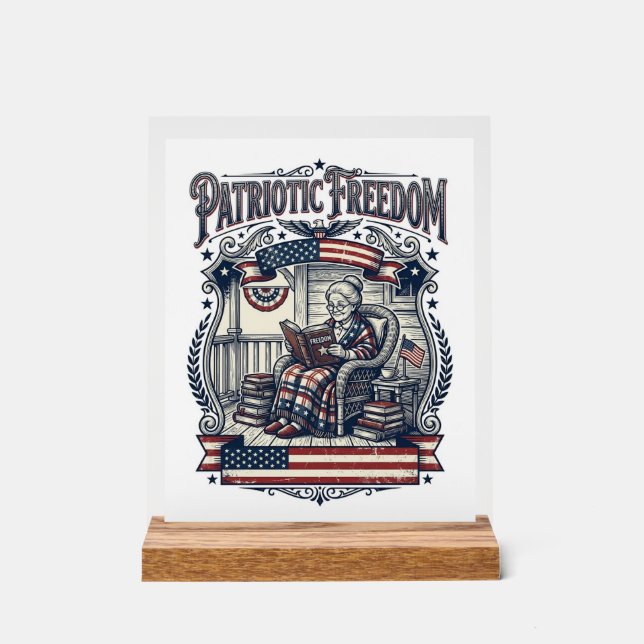 Patriotic Porch Bookworm Vector Graphic Tee Acrylic Sign (Front)