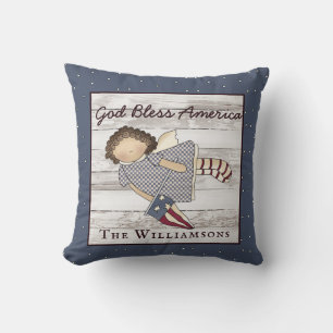 Patriotic  Primitive Country Angel Family Name Cer Cushion