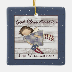 Patriotic  Primitive Country Angel Family Name Ceramic Ornament