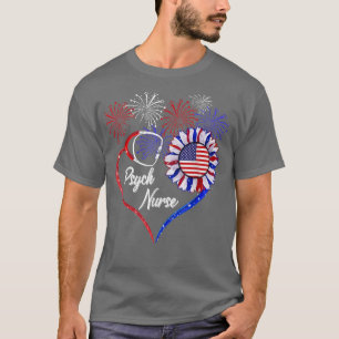 Patriotic Psych nurse 4th Of July USA Flag Sunflow T-Shirt