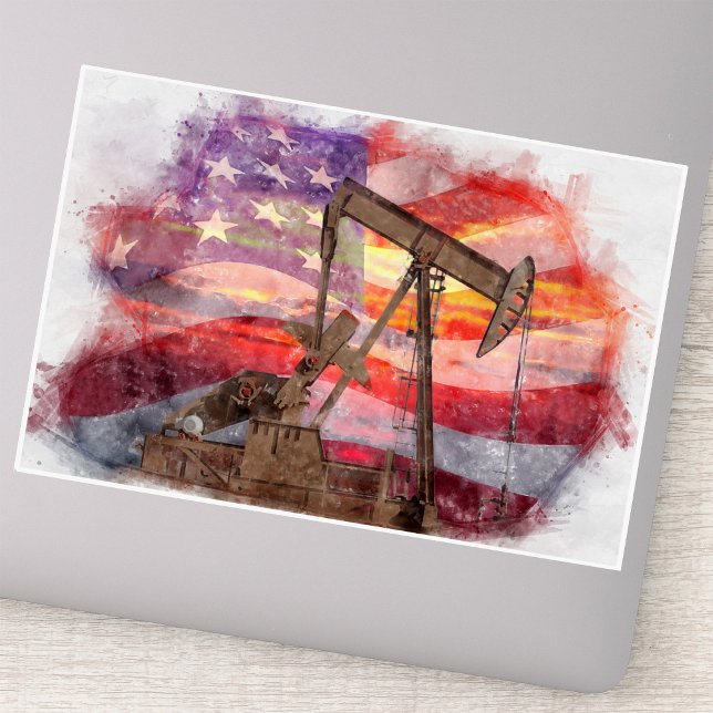 Patriotic Pumpjack at Sunset Pastel Drawing Art (Patriotic Pumpjack at Sunset Pastel Drawing Art. Sticker)