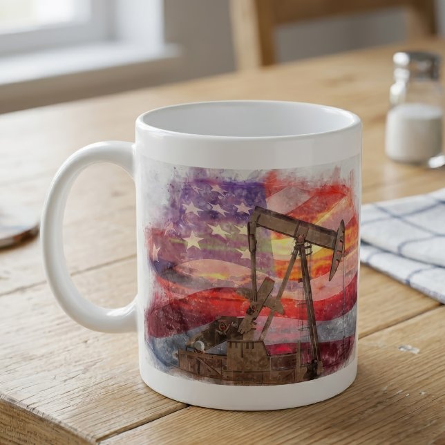 Patriotic Pumpjack at Sunset Pastel Drawing Art Coffee Mug (Patriotic Pumpjack at Sunset Pastel Drawing Art. Coffee Mug)