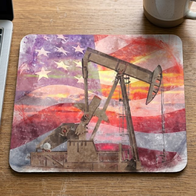 Patriotic Pumpjack at Sunset Pastel Drawing Art Mouse Mat (Patriotic Pumpjack at Sunset Pastel Drawing Art. Mouse Pad)