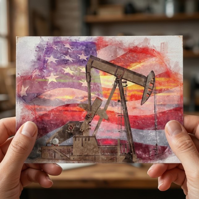 Patriotic Pumpjack at Sunset Pastel Drawing Art Postcard (Patriotic Pumpjack at Sunset Pastel Drawing Art. Postcard)