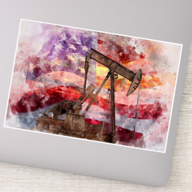 Patriotic Pumpjack Watercolor Sunset Art (Patriotic Pumpjack Watercolor Sunset Art. Sticker)