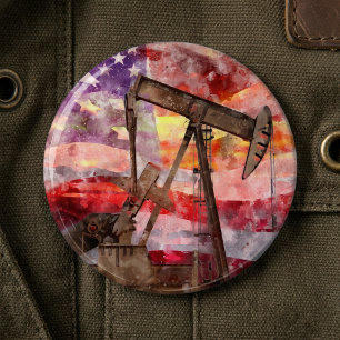Patriotic Pumpjack Watercolor Sunset Art 6 Cm Round Badge