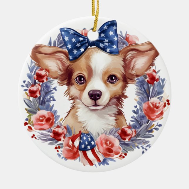 Patriotic Puppy 4th of July USA Independence Day Ceramic Tree Decoration (Front)