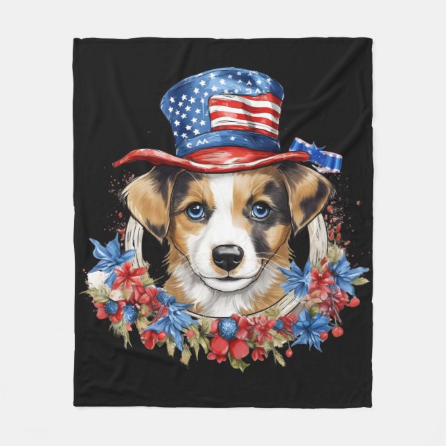 Patriotic Puppy 4th of July USA Independence Day Fleece Blanket (Front)