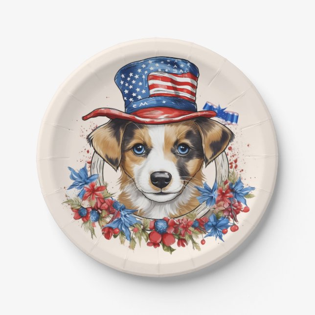 Patriotic Puppy 4th of July USA Independence Day Paper Plate (Front)