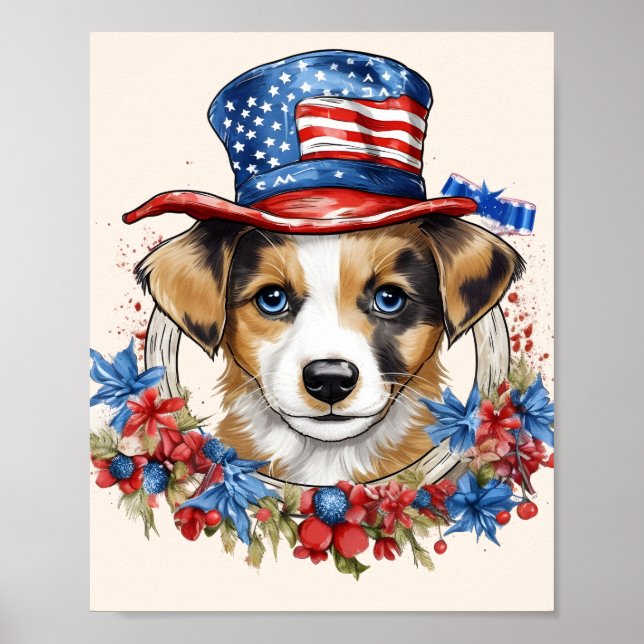 Patriotic Puppy 4th of July USA Independence Day Poster (Front)