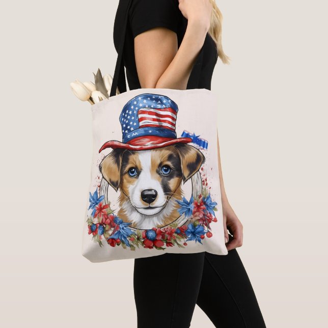 Patriotic Puppy 4th of July USA Independence Day Tote Bag (Close Up)