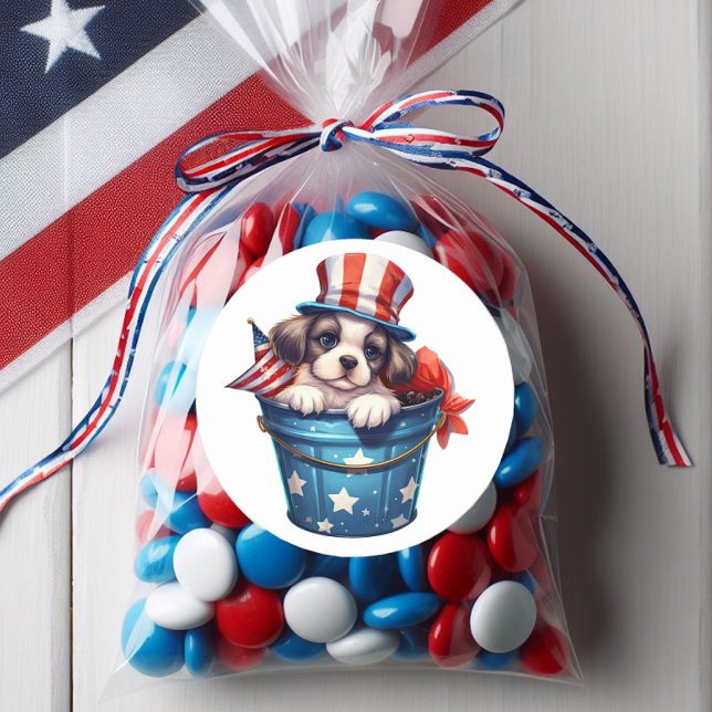 Patriotic Puppy Dog Red White Blue Top Hat Classic Round Sticker (4th of July puppy sticker)