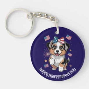 Patriotic Puppy with American Flags Custom Key Ring