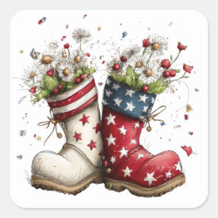 Patriotic Rain Boot Floral Art Square Sticker