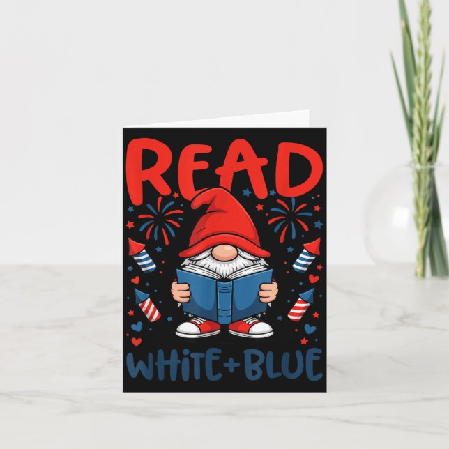 Patriotic Reading Gnome Read White Blue Card (Front)
