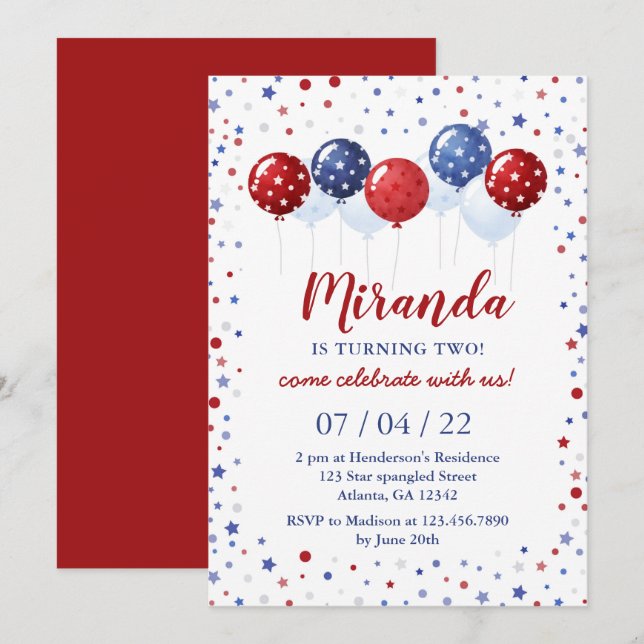Patriotic Red and Blue Balloons 4th July Birthday  Invitation (Front/Back)