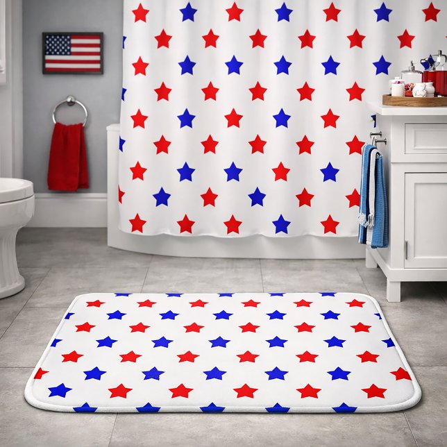 Patriotic Red and Blue Star Pattern  Bath Mat (A bath mat with a red and blue star pattern on a white background.)