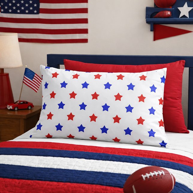 Patriotic Red and Blue Star Pattern Pillowcase (A pillowcase with a red and blue star pattern on a white background.)