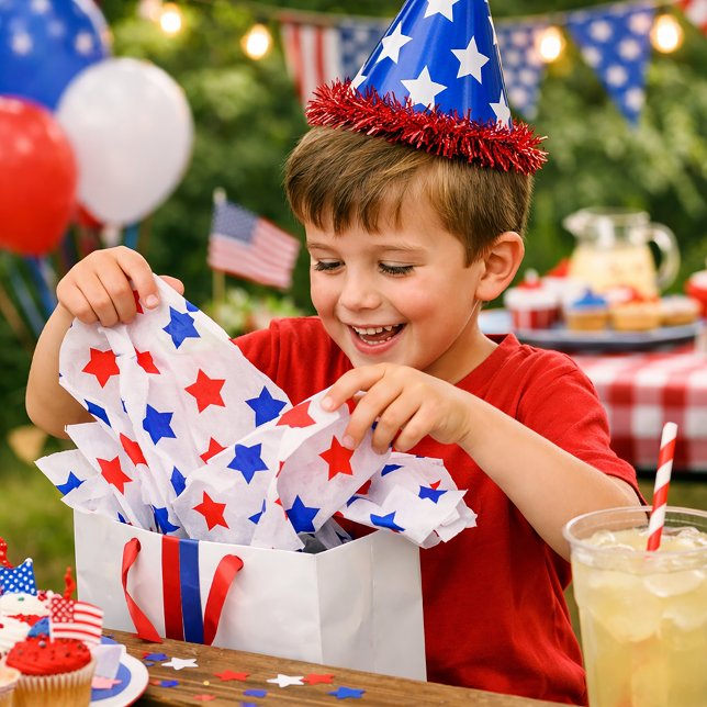 Patriotic Red and Blue Star Pattern Tissue Paper (Tissue paper with a red and blue star pattern on a white background.)