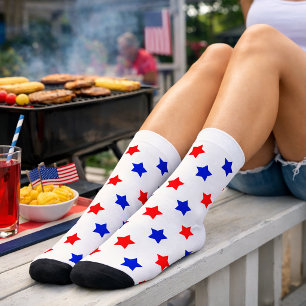 Patriotic Red and Blue Star Toss Pattern White Socks
