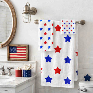 Patriotic Red and Blue Stars White Background Bath Towel Set