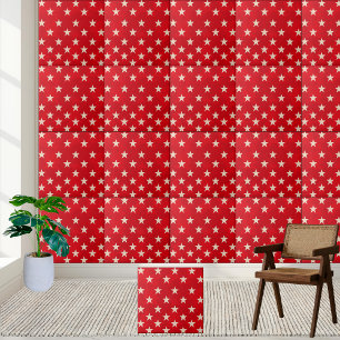 Patriotic Red and White Stars Pattern Ceramic Tile