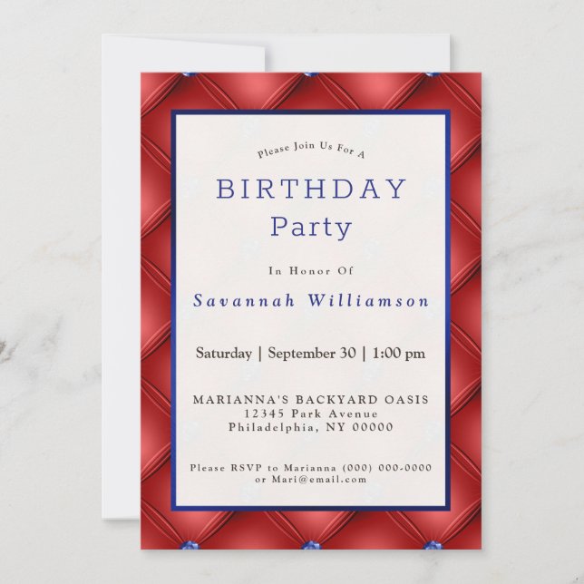 Patriotic Red Blue Faux Tufted Birthday Invitation (Front)