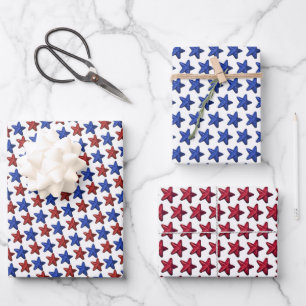 Patriotic Red Blue Glitter Stars Pattern on White Wrapping Paper Sheet