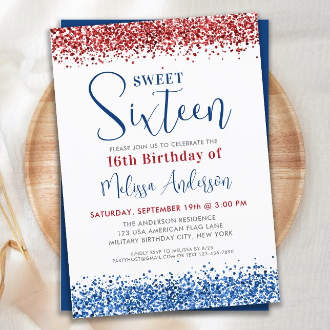 Patriotic Red Blue Glitter Sweet 16 Birthday Party Invitation (Creator Uploaded)