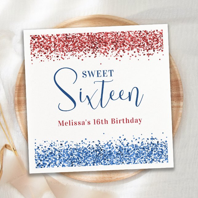 Patriotic Red Blue Glitter Sweet 16 Birthday Party Napkin (Creator Uploaded)