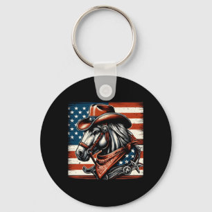 Patriotic Red Blue Usa Flag Retro Mustang Horse Key Ring