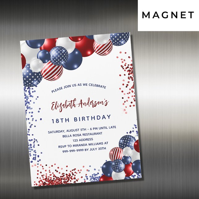 Patriotic red blue white balloons birthday luxury magnetic invitation (Creator Uploaded)