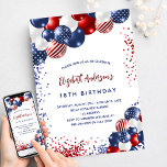 Patriotic red blue white balloons birthday party invitation<br><div class="desc">A chic white background. Decorated with patriotic coloured  balloons in red blue and white. Personalise and add a name and party details. The name is written with a hand lettered style script.</div>