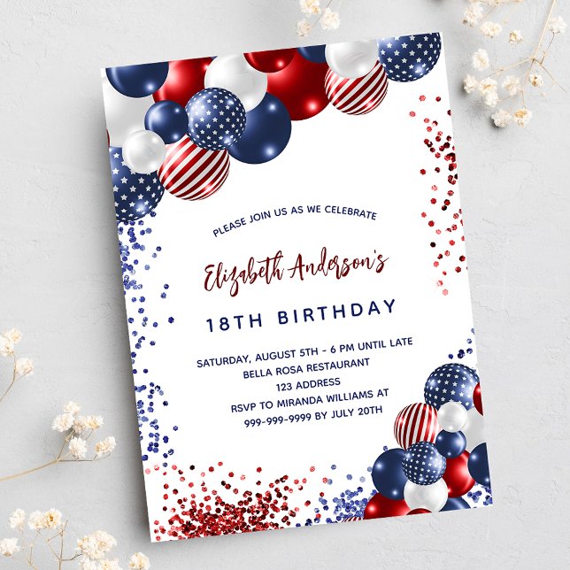 Patriotic red blue white balloons birthday party invitation postcard (Creator Uploaded)