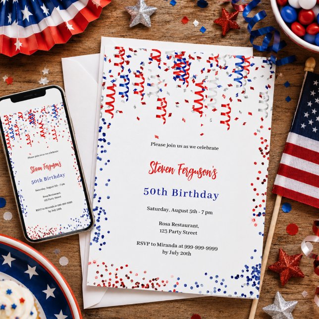 Patriotic red blue white confetti birthday party invitation (Creator Uploaded)