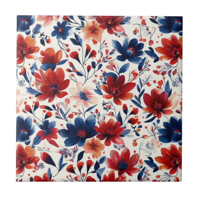 Patriotic Red Blue White Floral (10) Tile (Front)